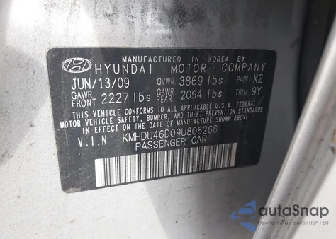 2009 Hyundai Elantra Gls z USA, uszkodzony, nr VIN KMHDU46D09U806266